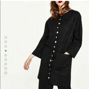 Zara Black Faux Suede Longline Button Jacket Overcoat Size XSmall EUC